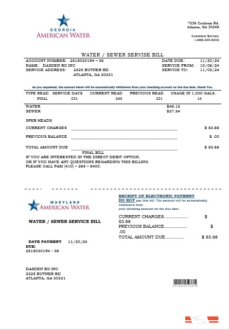 USA Maryland Georgia Water business utility bill template in Word and PDF formats